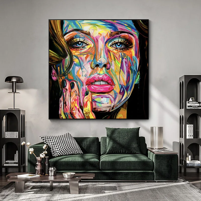 Contemporary Expressionist Woman Face Canvas Art, Bold Multicolor Impasto Figurative Handmade Oil Wall Decor