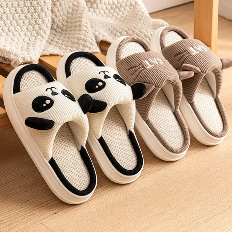 Cute Animal Slippers For Women Girls Kawaii Indoor Linen Slippers Woman Cartoon Milk Cow Panda Cat House Slipper Funny Shoes