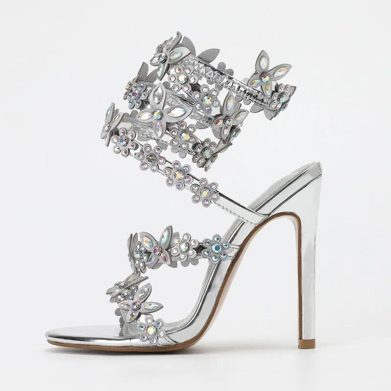 Sandales à Talons Hauts à Tête Ronde avec Strass Irisés pour Femme, Chaussures de Banquet de Mariage, Couleur Or et Argent, Taille 42, 11cm, Été, Nouveau