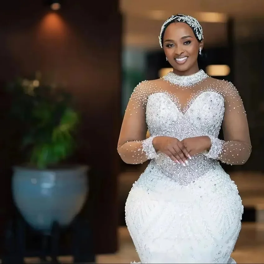 Luxury Ruffled South African Wedding Dresses Black Girls Mermaid Long Sleeves Beaded Bridal Gown Vestido De Noiva Customized