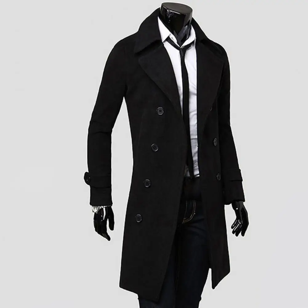 Simple Trench Coat Double-breasted Male Men Coat Coldproof Pure Color Jacket