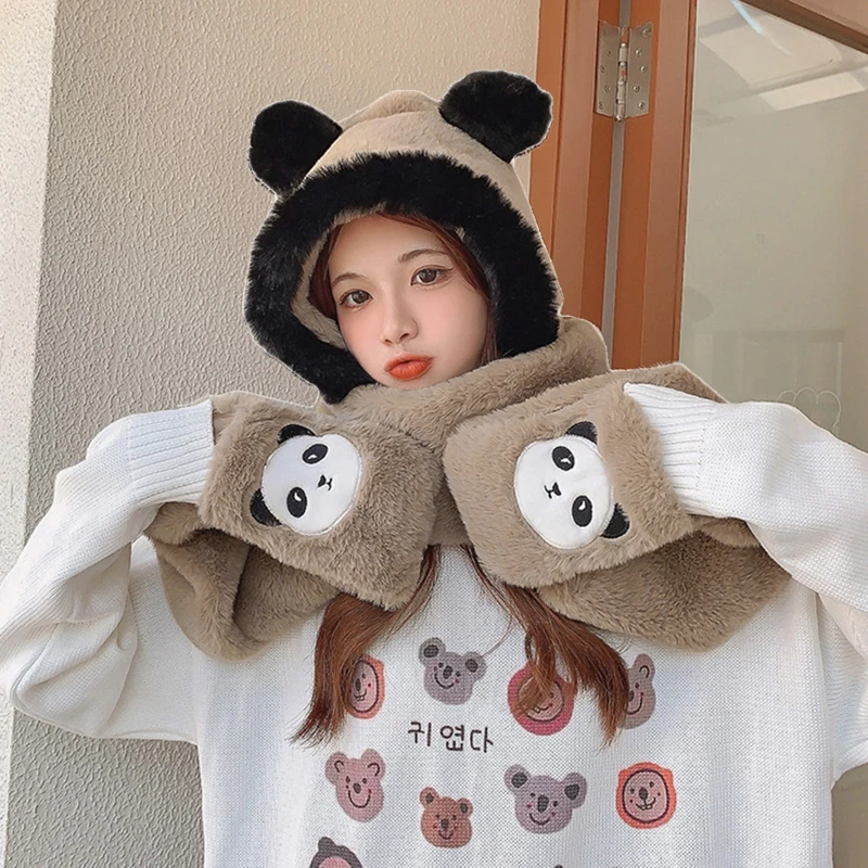 Bear Ear Hat Scarf Panda Winter Hat Female Korean Cartoon Hooded Children Plush Scarf Gloves One-piece Drop shipping