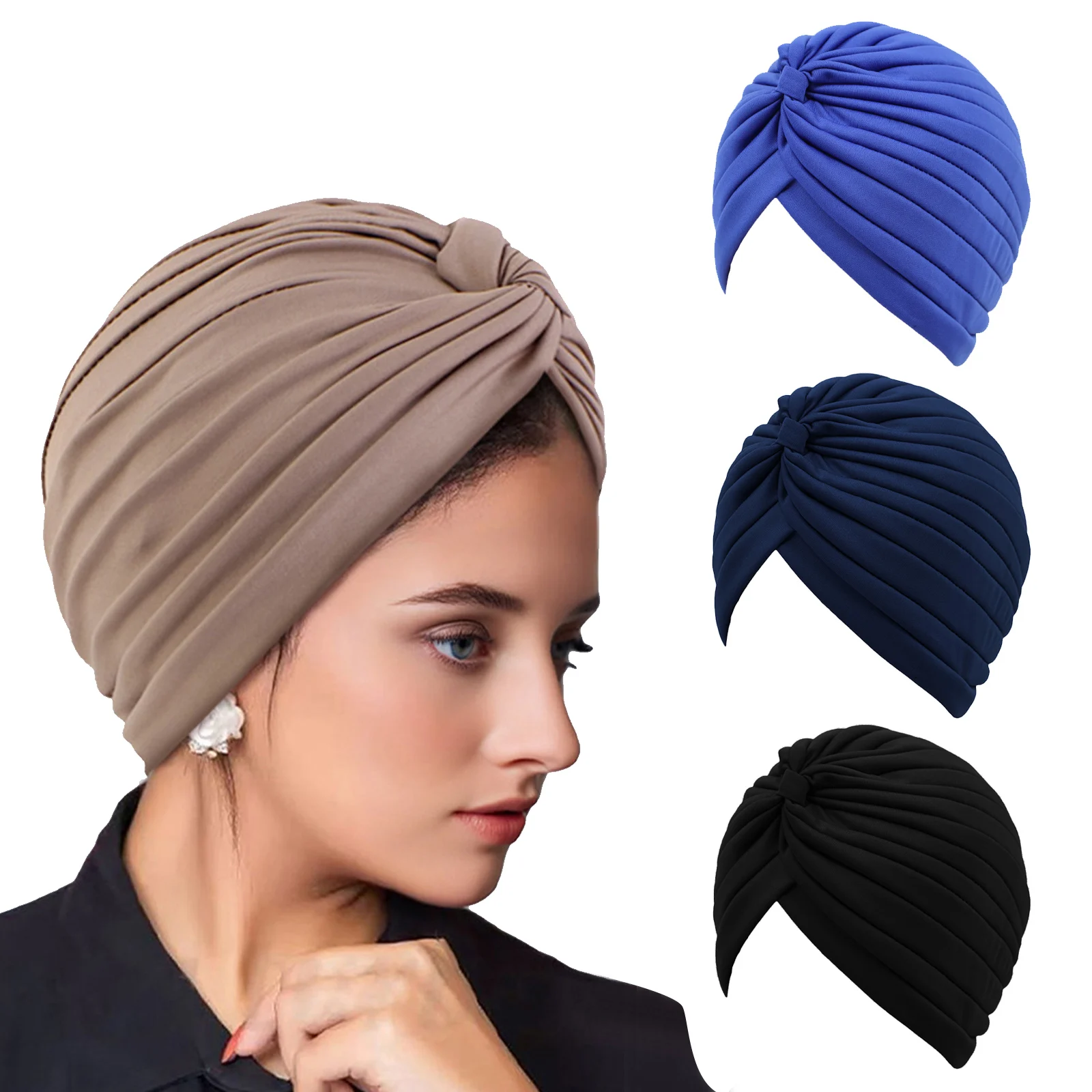 2Pcs Solid Color Women's Headscarf Indian Hat Flat Cloth Striped Sleep Cap African Ethnic Muslim Headscarf Hat