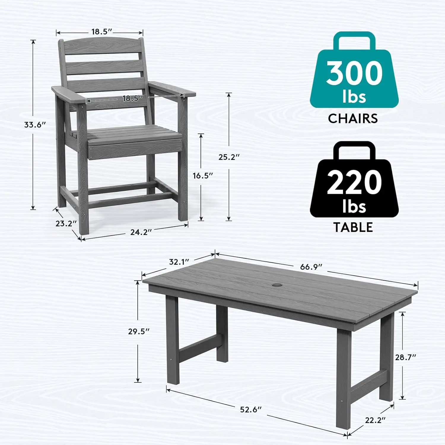 SERWALL Outdoor HDPE Dining Table Set, 7-Piece Outdoor Dining Table Sets with Umbrella Hole Cut-out Table and 6 Chairs, Gray