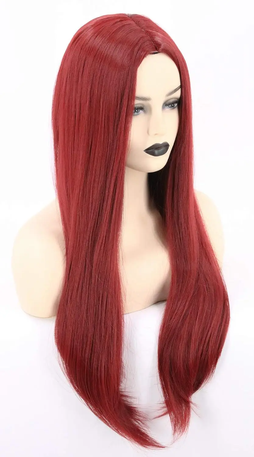 Women Wigs Long Wine Red Long Straight Middle Part Bangs Cosplay Halloween Costume Party Wig Anime kpop Wigs