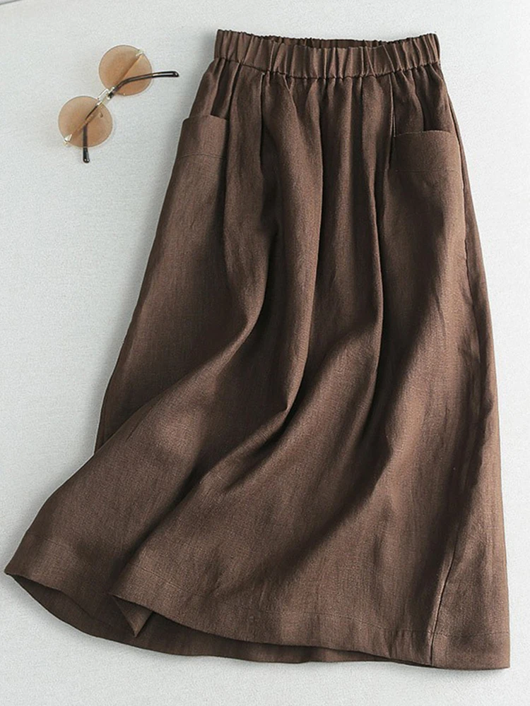 

High Waist Cotton Linen A-Line Skirt Women's Retro Casual Style Slimming Mid-Length Skirt for Summer Commute