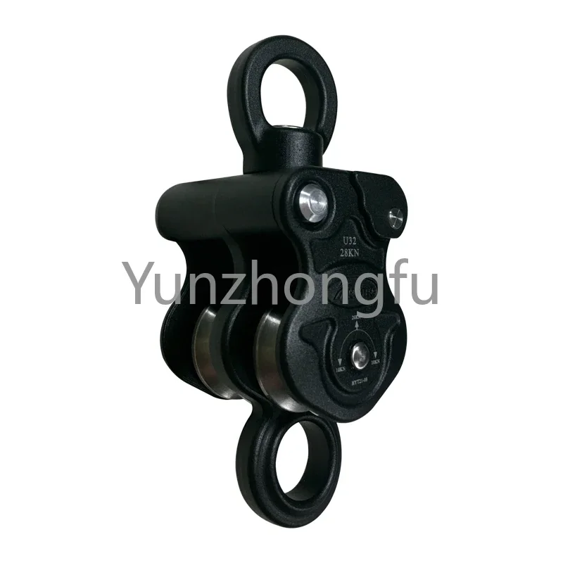 Very high efficiency double pulley with swivel