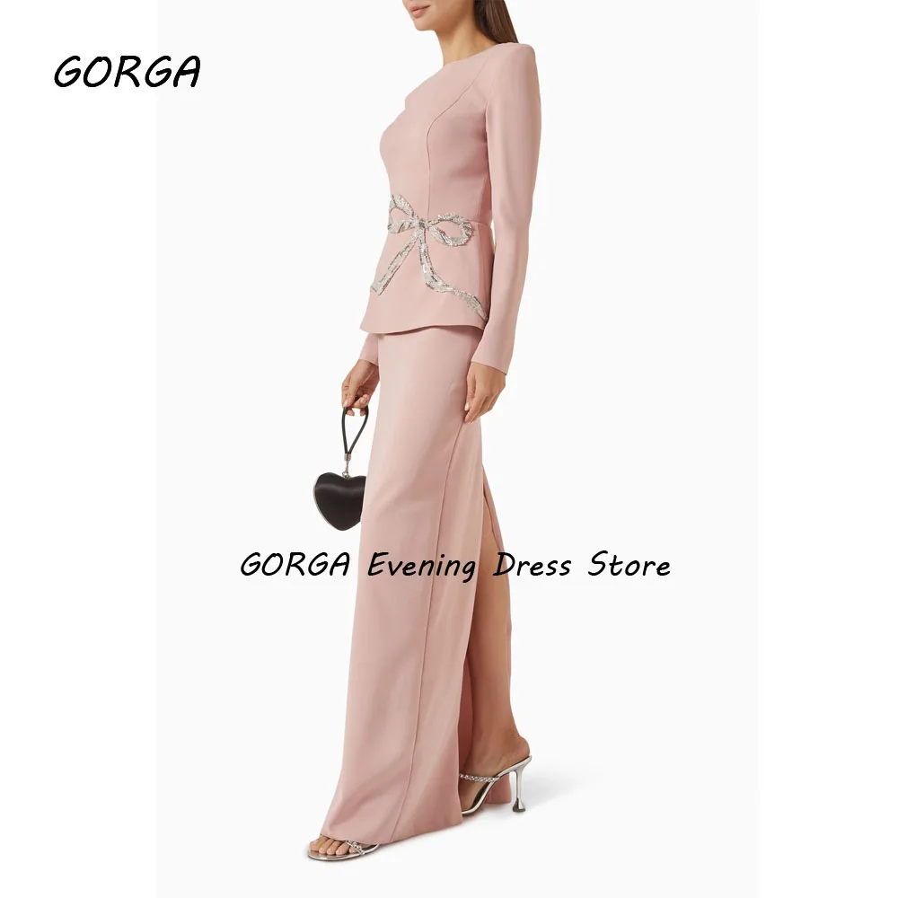 GORGA Abito da sera formale con o-collo rosa personalizzato Abito da ballo in crêpe a sirena con perline sottili Abito da festa a maniche lunghe 2025