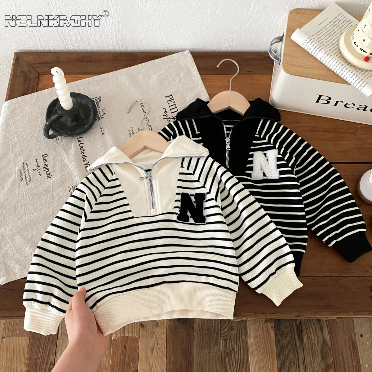 2024 Autumn New in Kids Baby Boys Full Sleeve Striped Letter Color Blocking Top Sweatshirts Children Fashion Clothing Outwear