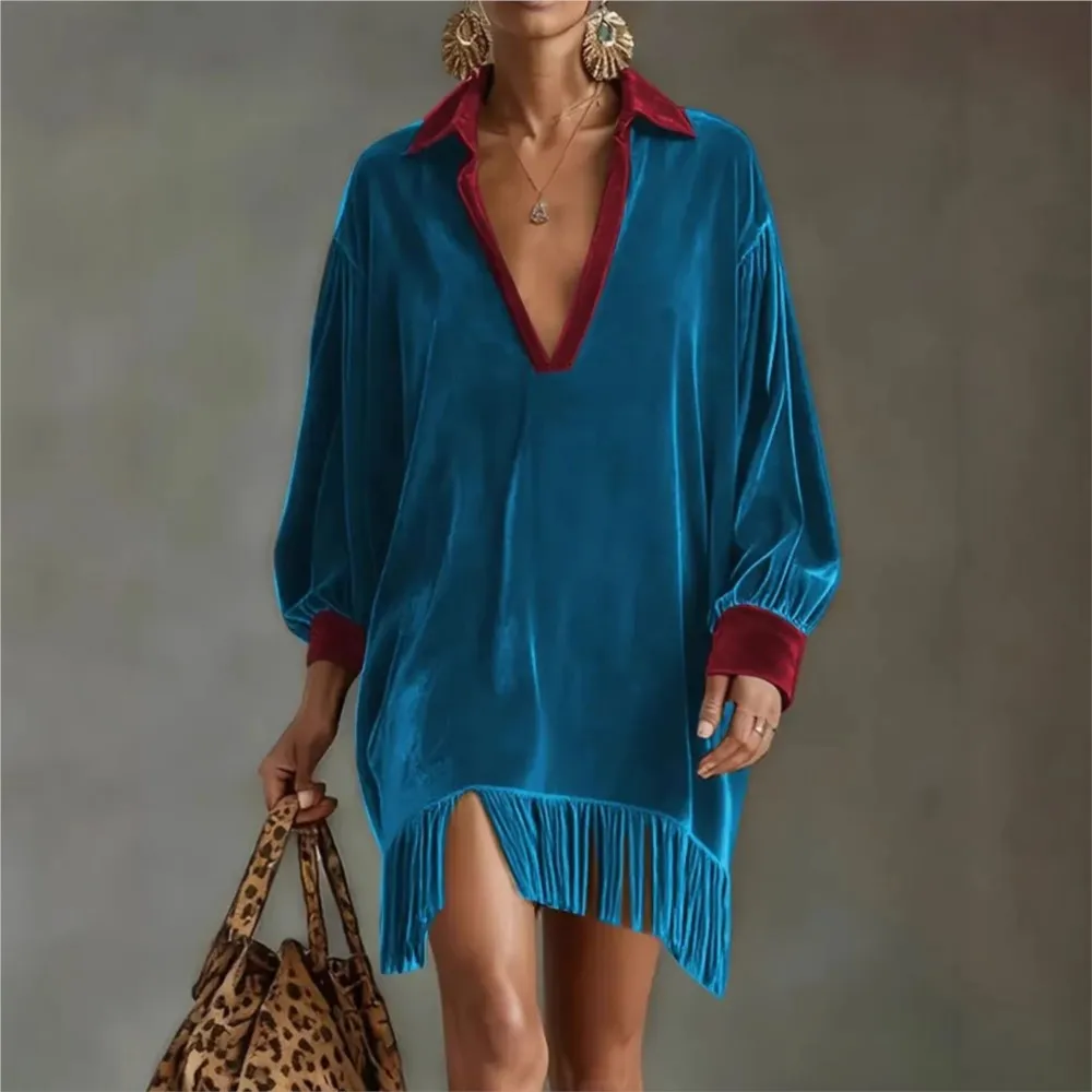 Spring Autumn New Style Contrast Lapel Long Sleeve Retro Dress Women's Casual Loose Pocket Tassel Deep V-Neck Dress Female 2026