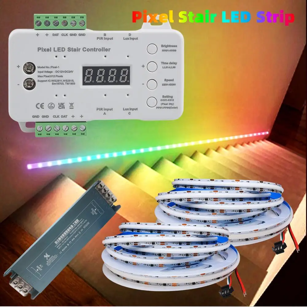 

WS2811 Pixel RGB Single Color Flowing COB LED Strip Stair Controller PIR Motion & Daylight Sensor Staircase Dimmer Set 5M 10M