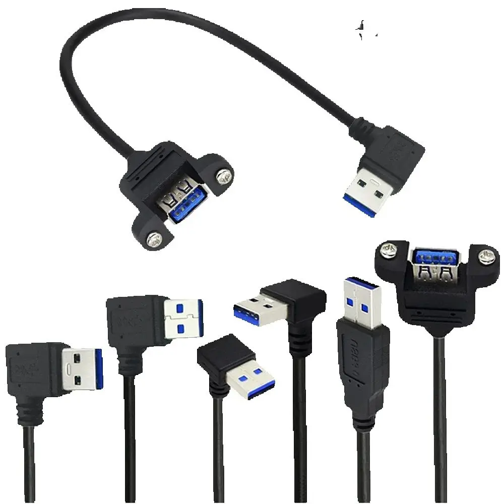 90 Degree Elbow USB 3.0 Extension Cable Male to Female Dual Shielded Foil And Braided with Screw Panel Mount Available in 30cm 6