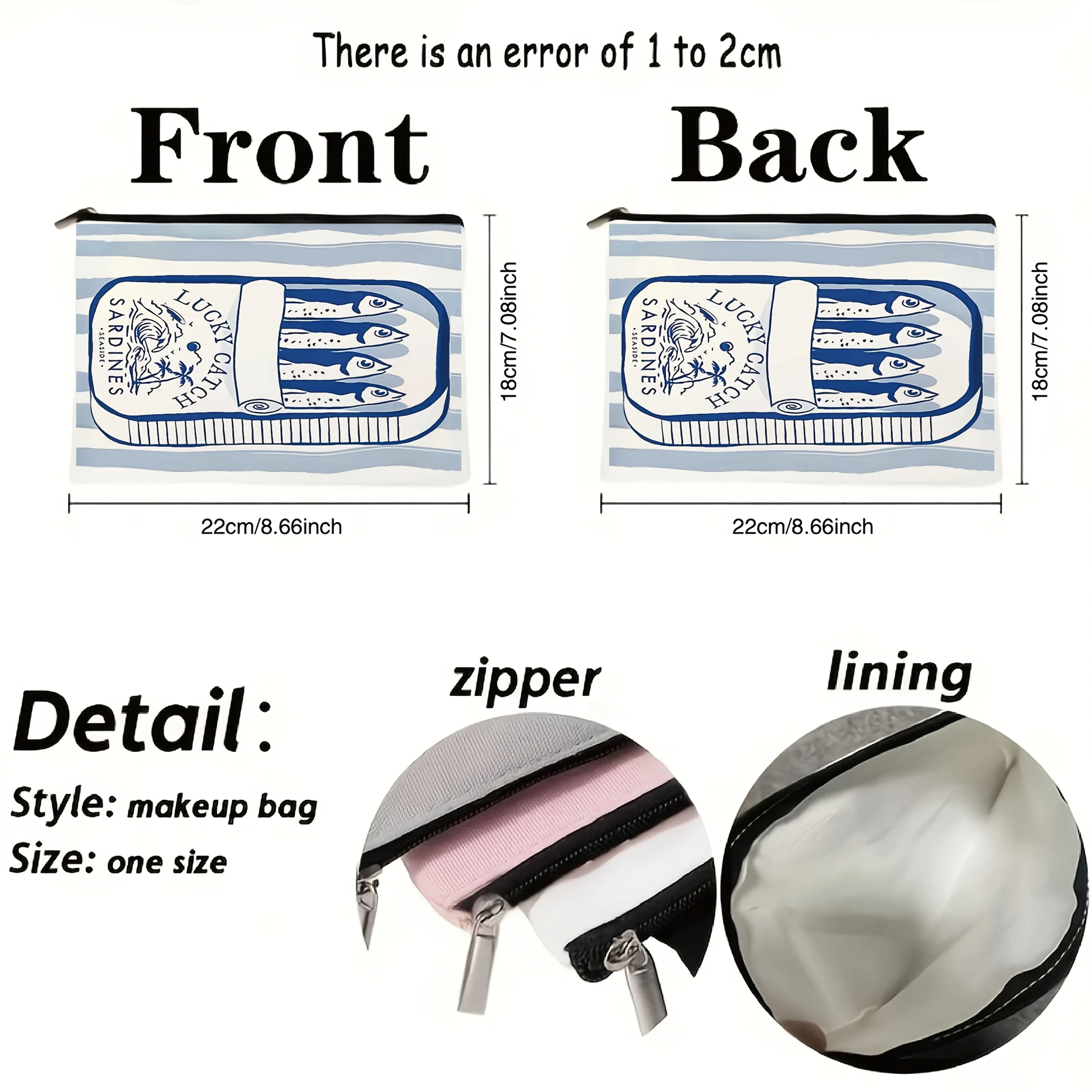 Blue and White Fish Aesthetic Design Makeup Bag - Foldable Lightweight Travel Cosmetic Storage Bag, Zippered Beige Makeup Bag, Gift for Women, Teachers, and Friends, Small Makeup Bag