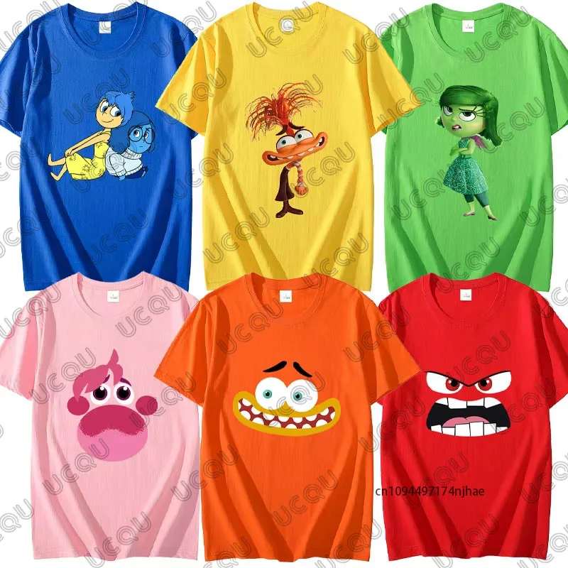Camiseta con estampado de dibujos animados de Disney Inside Out 2, camiseta con estampado de expresión de ansiedad, alegría y tristeza para niños, camisetas de algodón de verano, camisetas informales para niños/adultos