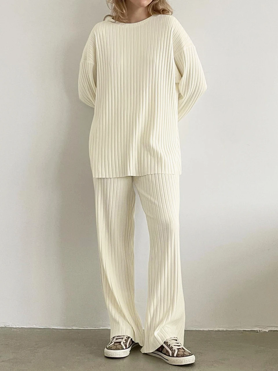 Linad Knitted Ribbed Pajamas For Women 2 Piece Sets Apricot Long Sleeve O Neck Sleepwear Female Loose Trouser Suits Autumn 2023