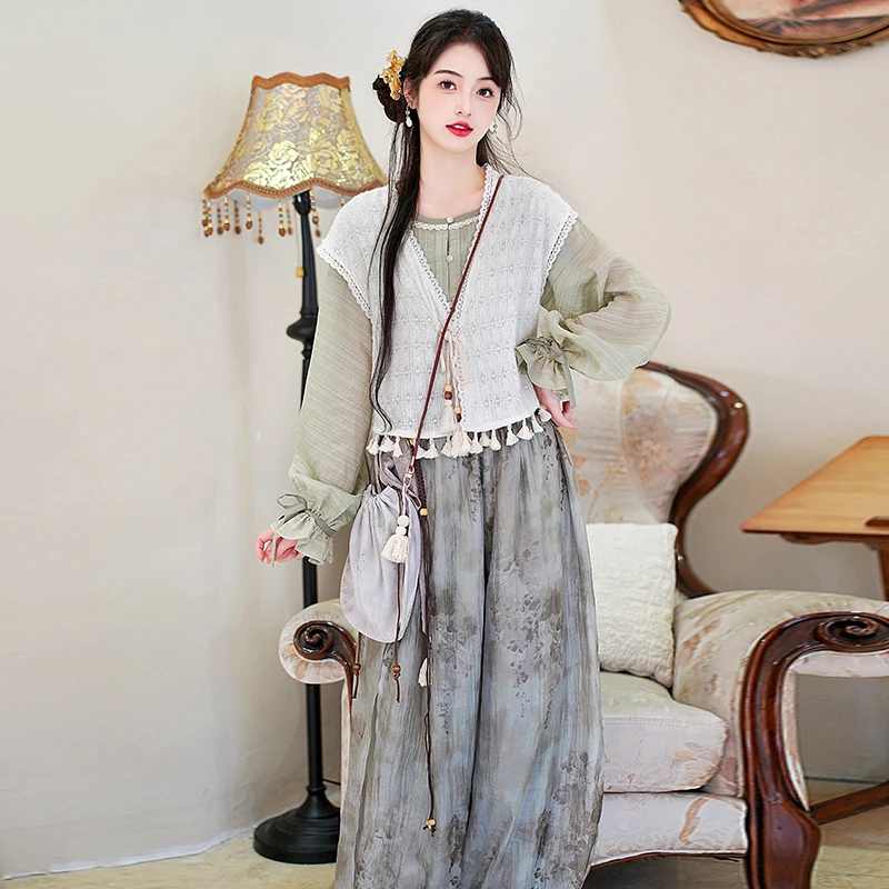 New Hanfu Knitted Short Shirt with Lantern Pants And Long Sleeve Silk Shirt with Thin Belt Daily Wear Women's Fashion Set