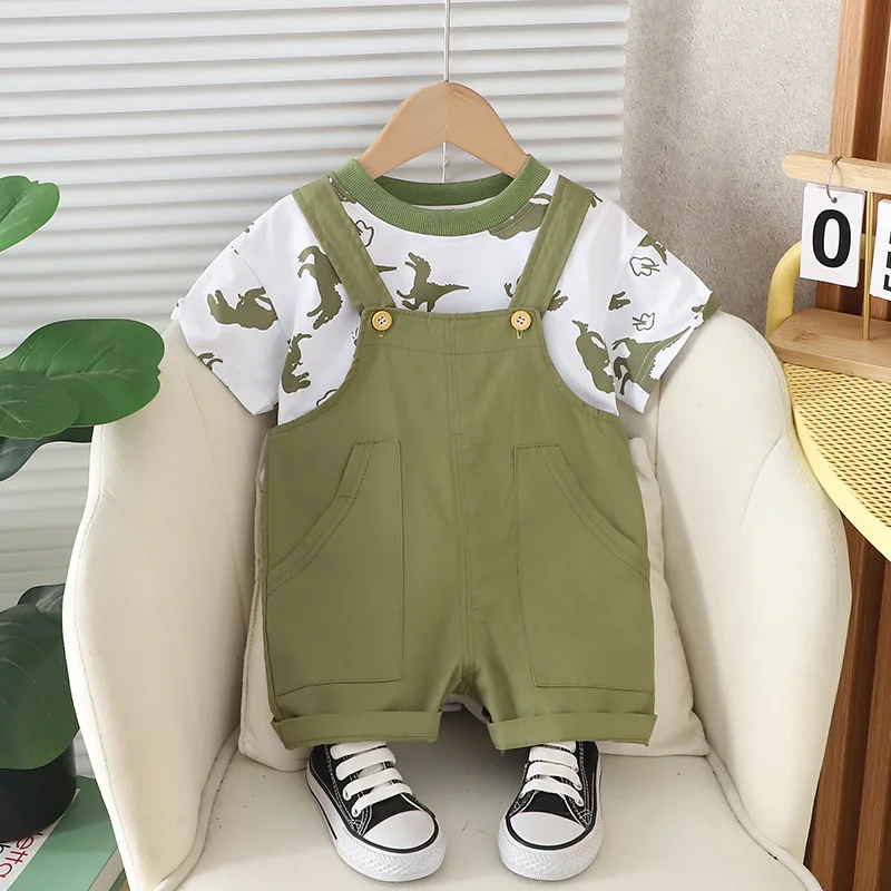 

New children Korean version handsome boy summer full print dinosaur strap short sleeve suit boy summer short sleeve suit