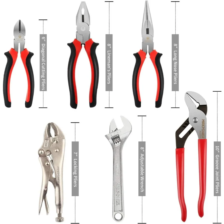 ชุดประแจและคีม 6 ชิ้นในกระเป๋าชุดสำหรับซ่อมรถยนต์ อุปกรณ์ประปา การบำรุงรักษาไฟฟ้า และงาน DIY ทั่วไป