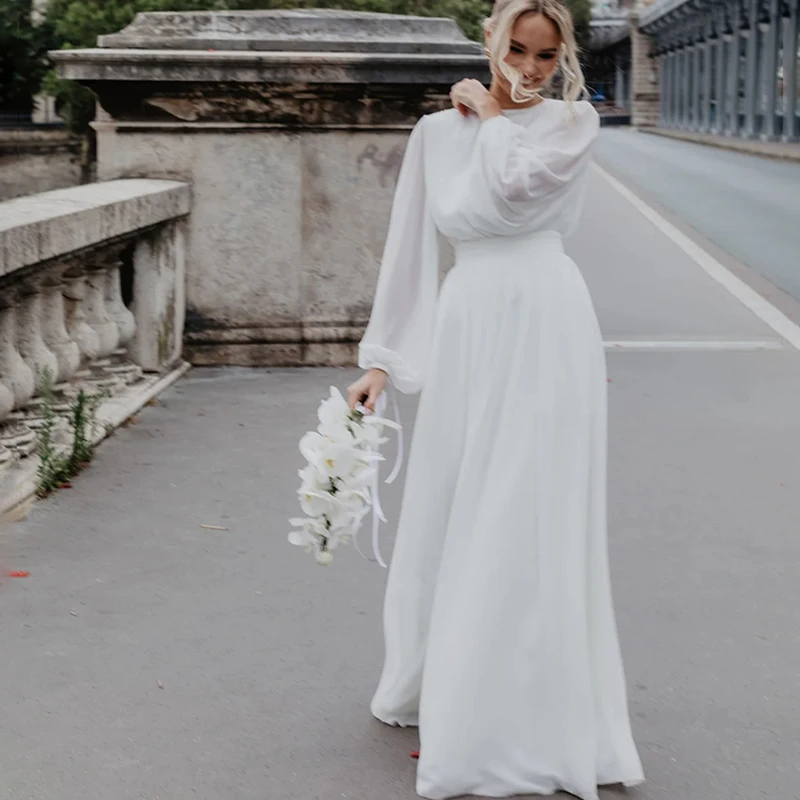 custom 13815# Simple Chiffon A-Line Wedding Dress 2022 Elegant High Neck Long Puff Sleeve  Backless Train Robe De Mariée