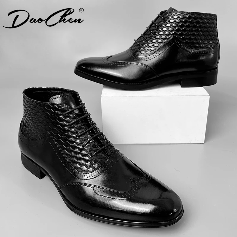 LUXURY MEN'S CHELSEA BOOTS SHOES BLACK BROGUE WINGTIP LACE-UP ANKLE BOOTS CASUAL MEN DRESS SHOES GENUINE LEATHER BOOTS MEN