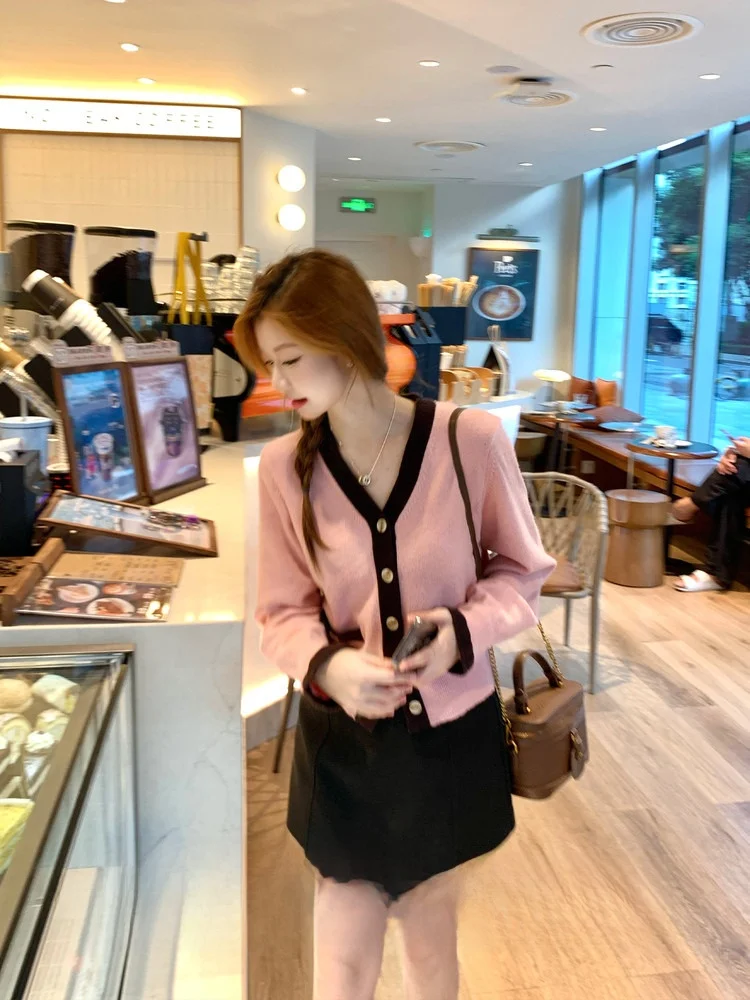 

Женский кардиган Ele Color Blo с длинными рукавами, дизайнерский, в стиле Little Fragrance, осенний, модный, с V-образным вырезом, открытый