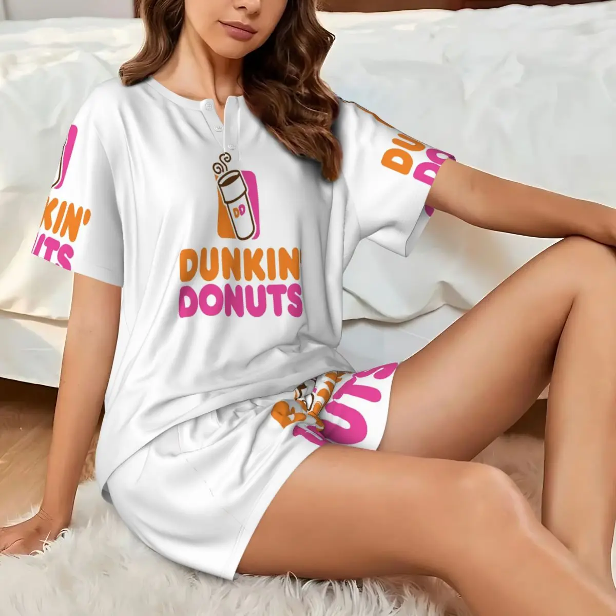 Dunkin Donuts Round Neck Short Sleeves Nightdress for Sleeping Sleepshirts Women Loose Pajama Set Short Pants view 3