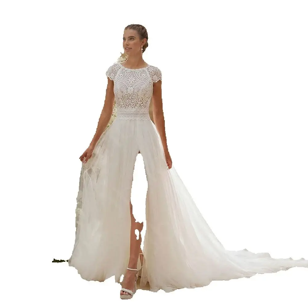 Personnalisé classique nouvelles robes de mariée 2025 dentelle robes de mariée cuisse fente robes de mariée col rond robes de mariée manches courtes