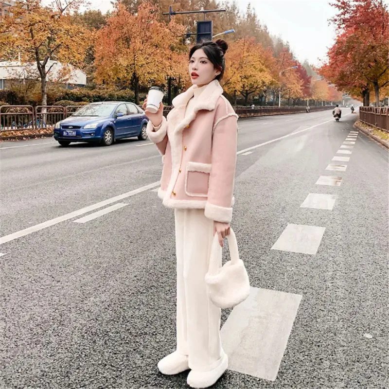 Autumn Winter Fur Integration Coat Women 2023 New Fur Collar Splicing Jacket Pure Colour  Single-Breasted Outerwear Female