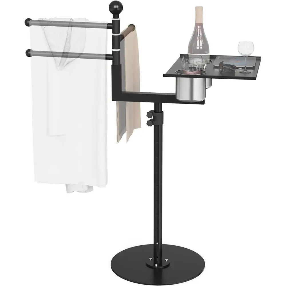 

Adjustable Height Outdoor Pool Towel Rack with 360° Rotation and Tabletop for Poolside and Hot Tub Area