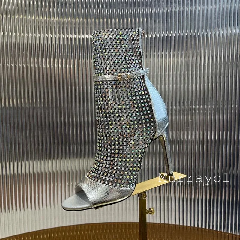 جديد إمرأة شبكة تصميم جوفاء رقيقة الكعوب أحذية باردة حجر الراين ديكور المفتوحة تو رقيقة عالية الكعب Sandalias الصيف فستان الحفلات الأحذية