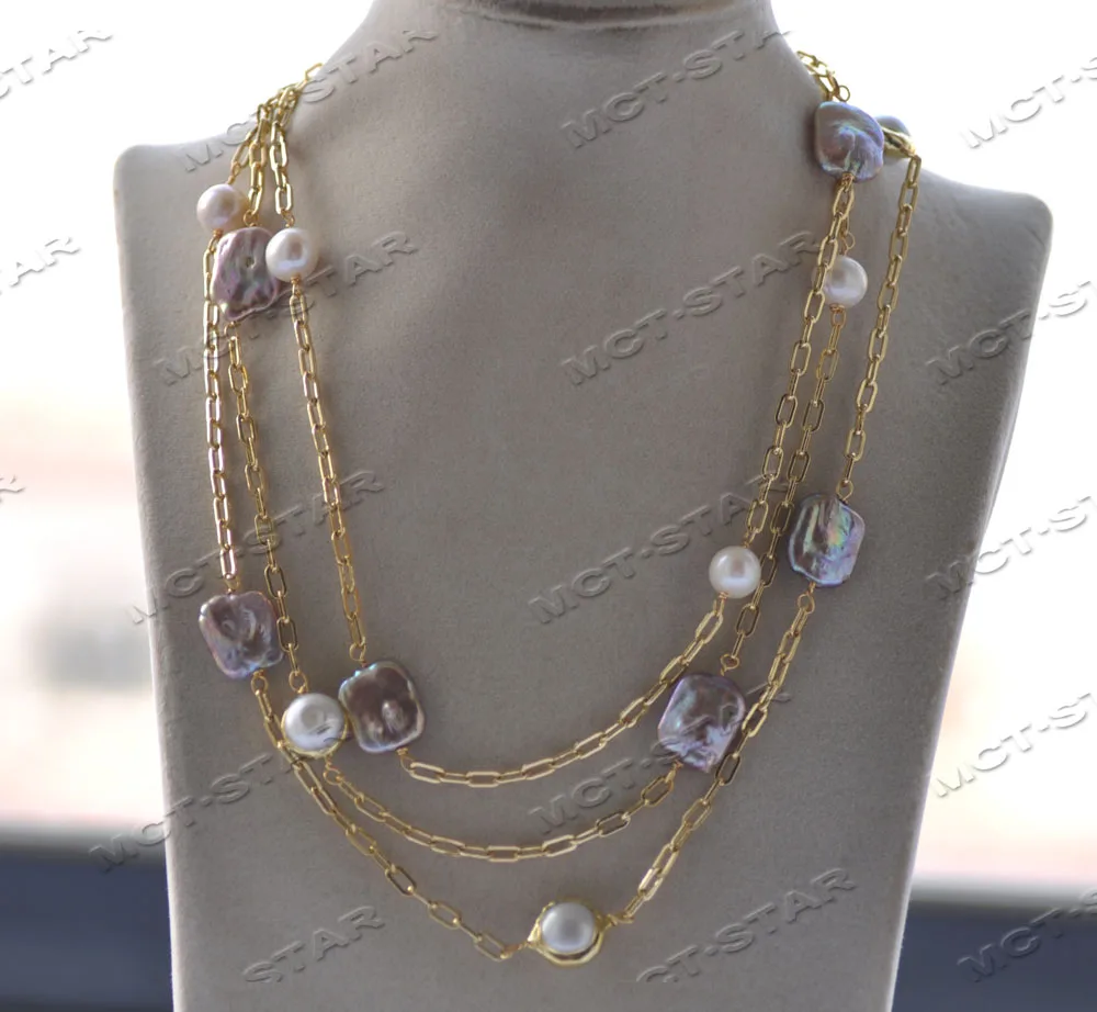 

MCT·STAR Z12445 46" 18mm Lavender Square White Round Gold-plating Pearl Chain Necklace