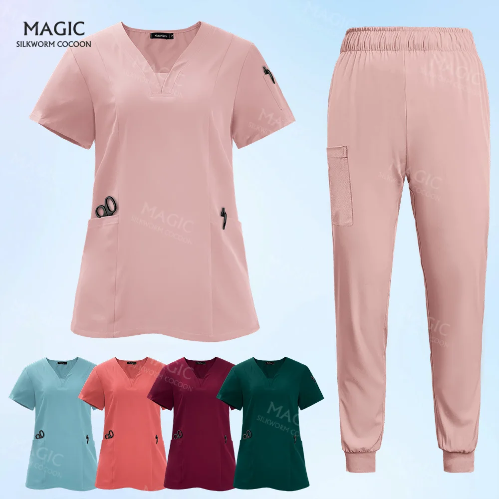 

Short Sleeve Nursing Tops+Pants Women Multicolor Scrubs Uniform Pet Vet Scrub Uniform Medical Surgery Workwear Doctor Scrubs Set