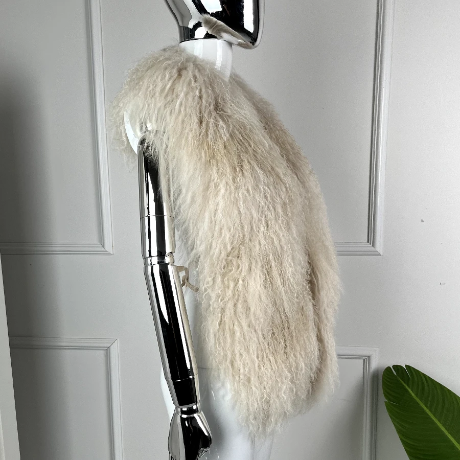 Naturalna Mongolska Skóra Owcza Halfter Futrzana Kamizelka Jagnięca Futrzana Kamizelka Dziewczęca Jesienno-Zimowa Moda Sexy Duży Kołnierz z Włosów na Plecach Top typu Halter