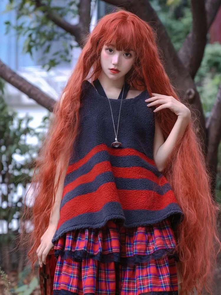 Girl's Rich Color Wig Over A Meter Long Curly Hair Red Elf Wig Full Head Set To Cos Female Lolita Wig With Sunset Red Hair Color