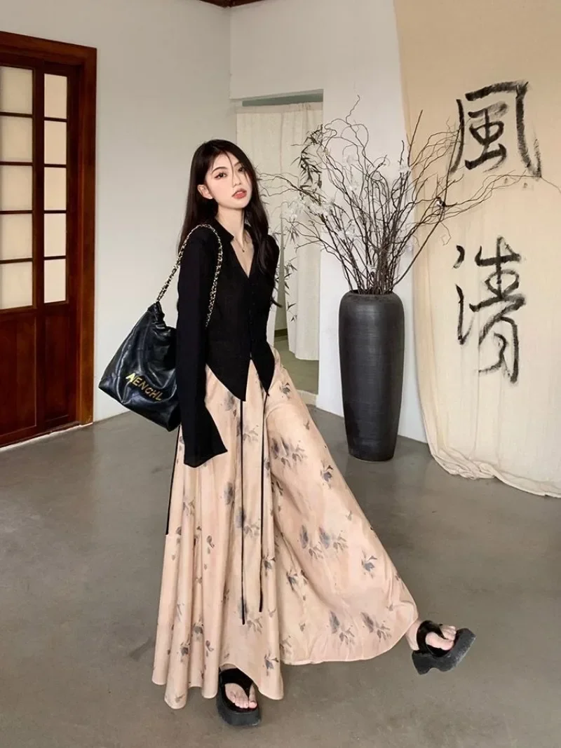 Korean Vintage Women's New Chinese Fashion Ribbon High Waist Trouser Skirt Female Baggy Elegant Skirt Pants Y2k Clothes