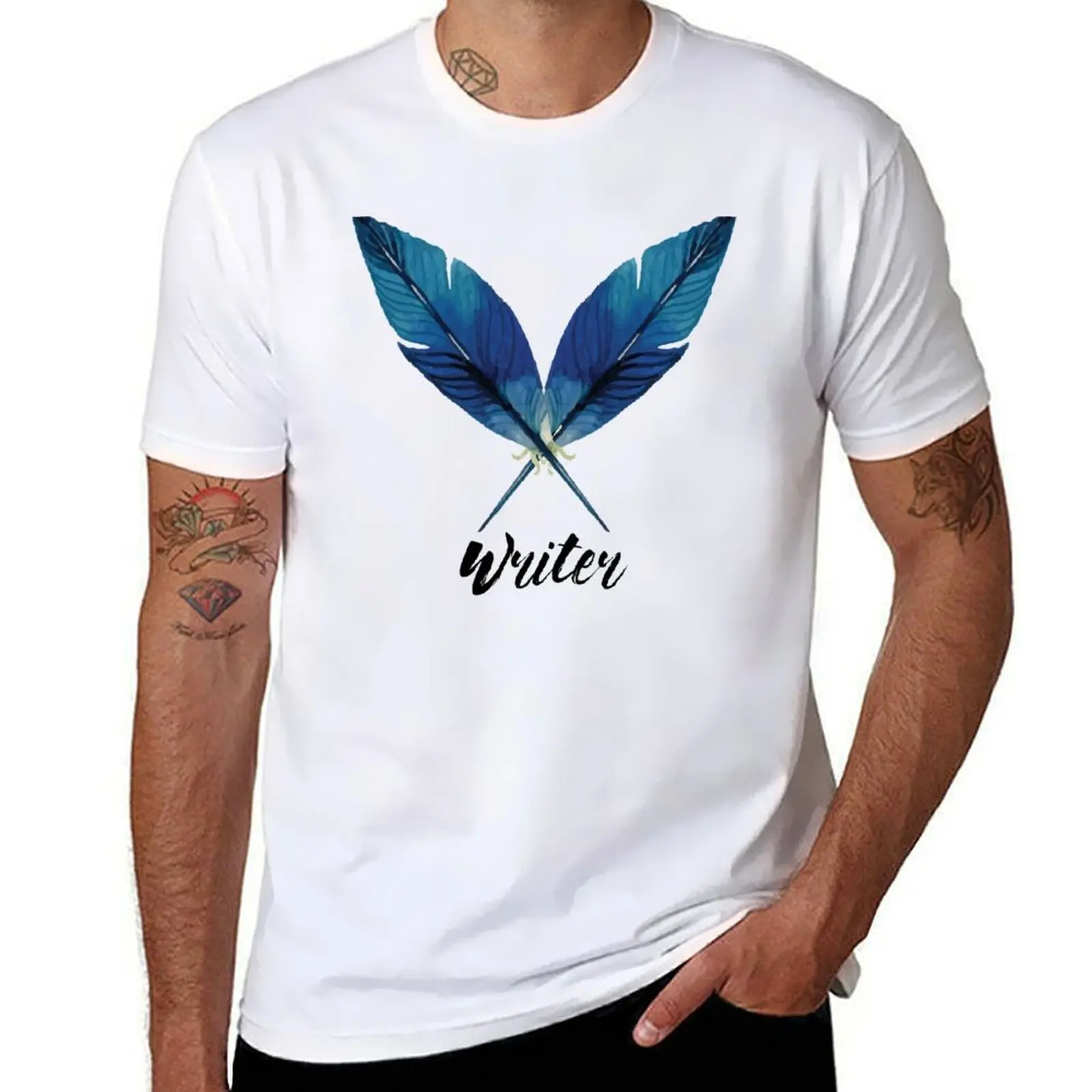 

Writer! Blue Feathers T-Shirt t shirt man designer t shirts for man pack cotton T-Shirt