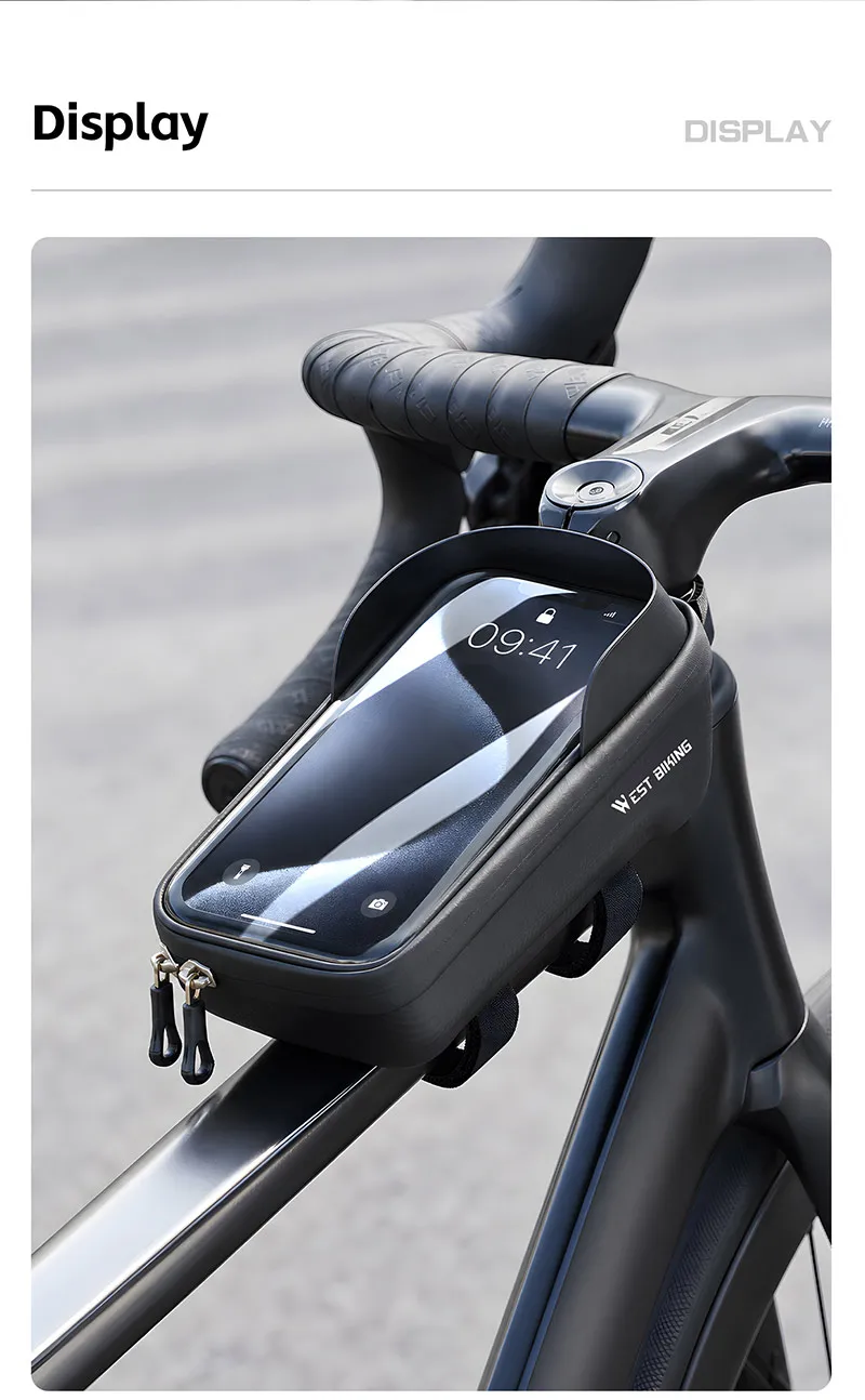 WEST BIKING Touchscreen-Fahrradtasche für Handys, wasserdichte Hartschalen-Oberrohrtasche für Straßen- und Mountainbikes mit dreifach stabilem Haken – Detail 10