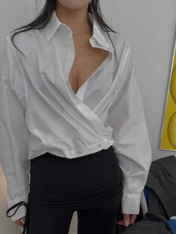 

Fashionable Long Sleeve Shirt Women's Casual Short Style Korean Loose Fit Button up Slimming Design Sense Top