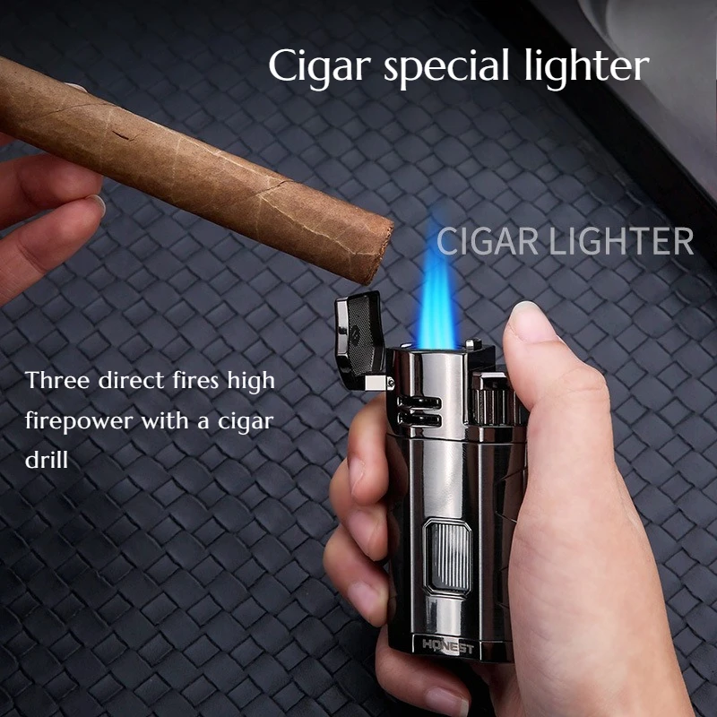 

New Inflatable Windproof Point Cigar-specific Metal Lighter with Three Direct Fire High Power and Cigar Cigarette Accessories
