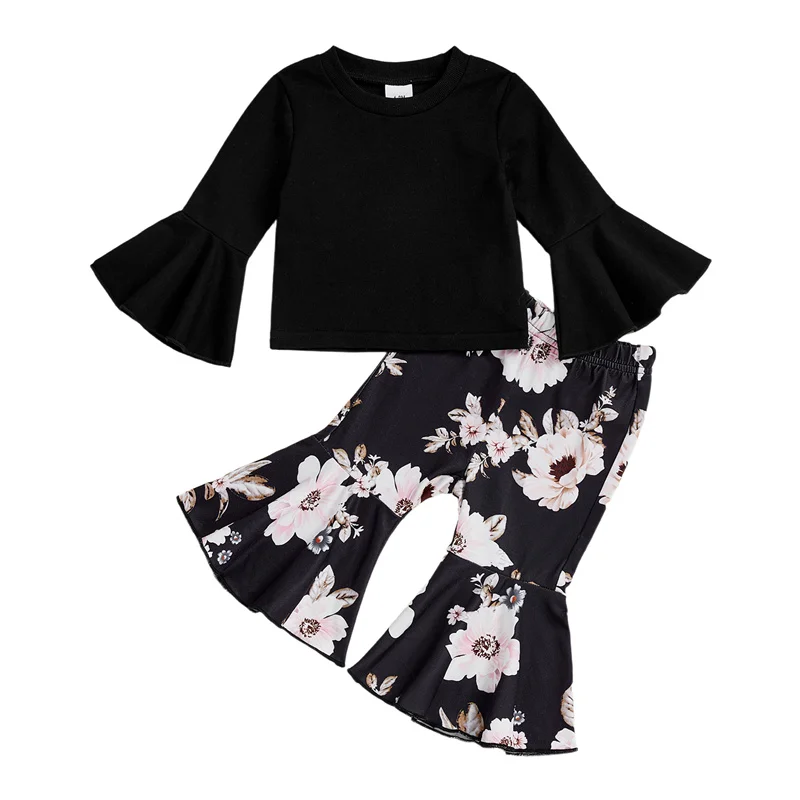 Cathery conjunto de roupas infantis para meninas, cor sólida, pulôveres de manga comprida, tops e estampa floral, fundo de sino, 2 peças, roupas 2025