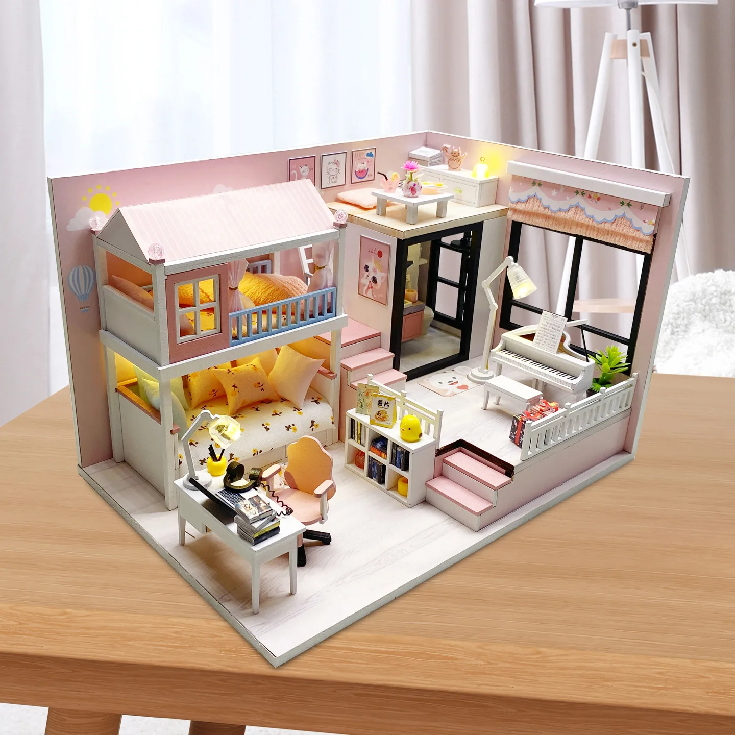 

DIY Wooden Miniature Loft Apartment Kit, 1:24 Scale Modern Tiny House Building Set with LED Lights, Creative Diorama Scene