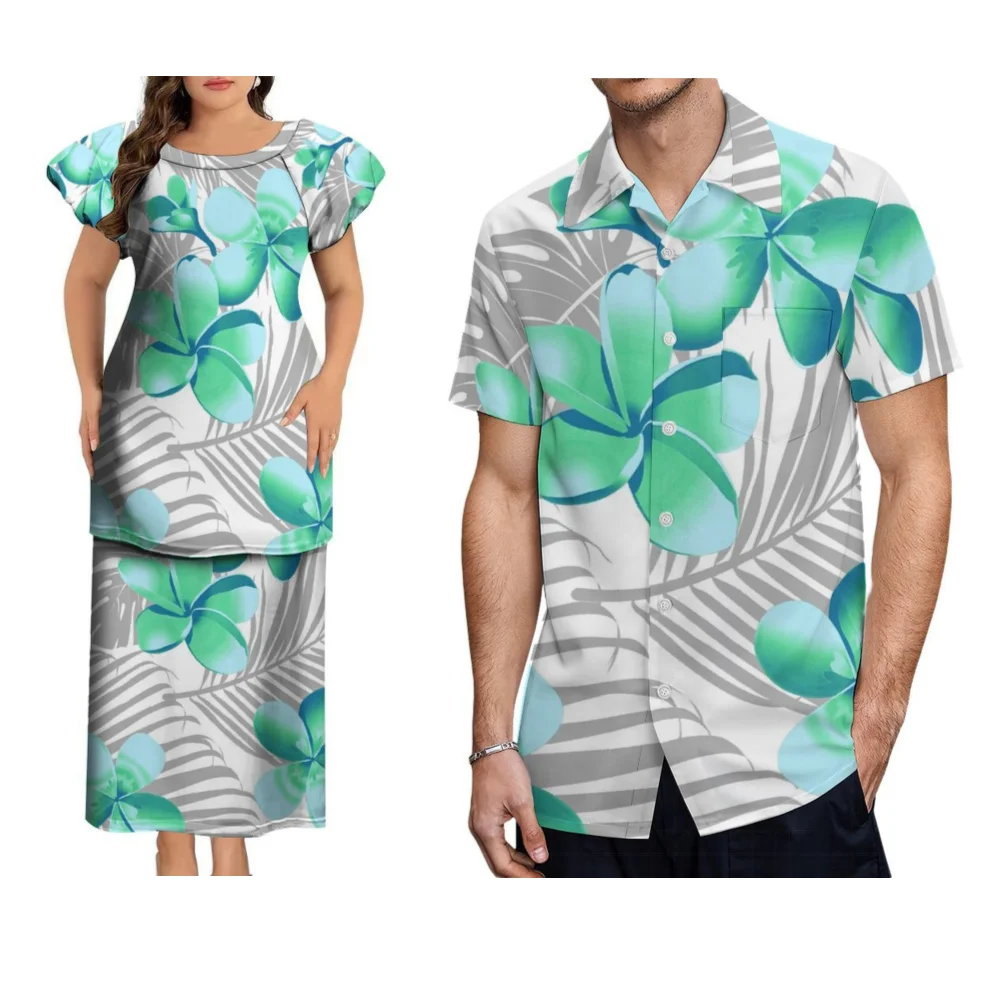 여름 라운드넥 캐주얼 폴리네시안 플레타시 커플 고품질 맞춤 제작 롱 드레스 이브닝 가운 사모아 커플 남성 셔츠