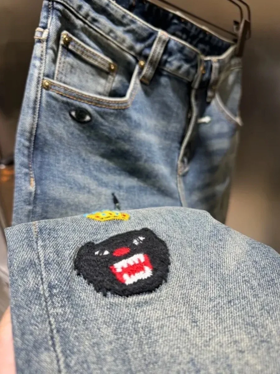 

Spring Summer 2024 Men's Loose Fit Straight Leg Waed Blue Jeans Embroidered Heavy Embroidery Elastic Casual Long Pants