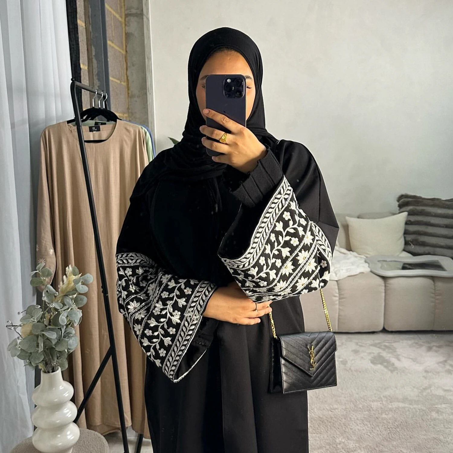 Elegant Women\'s Open Linen Abayas Embroidery Arabic Turkey Dubai Cardigan Kimono Abaya Black Grey Beige Female LR784