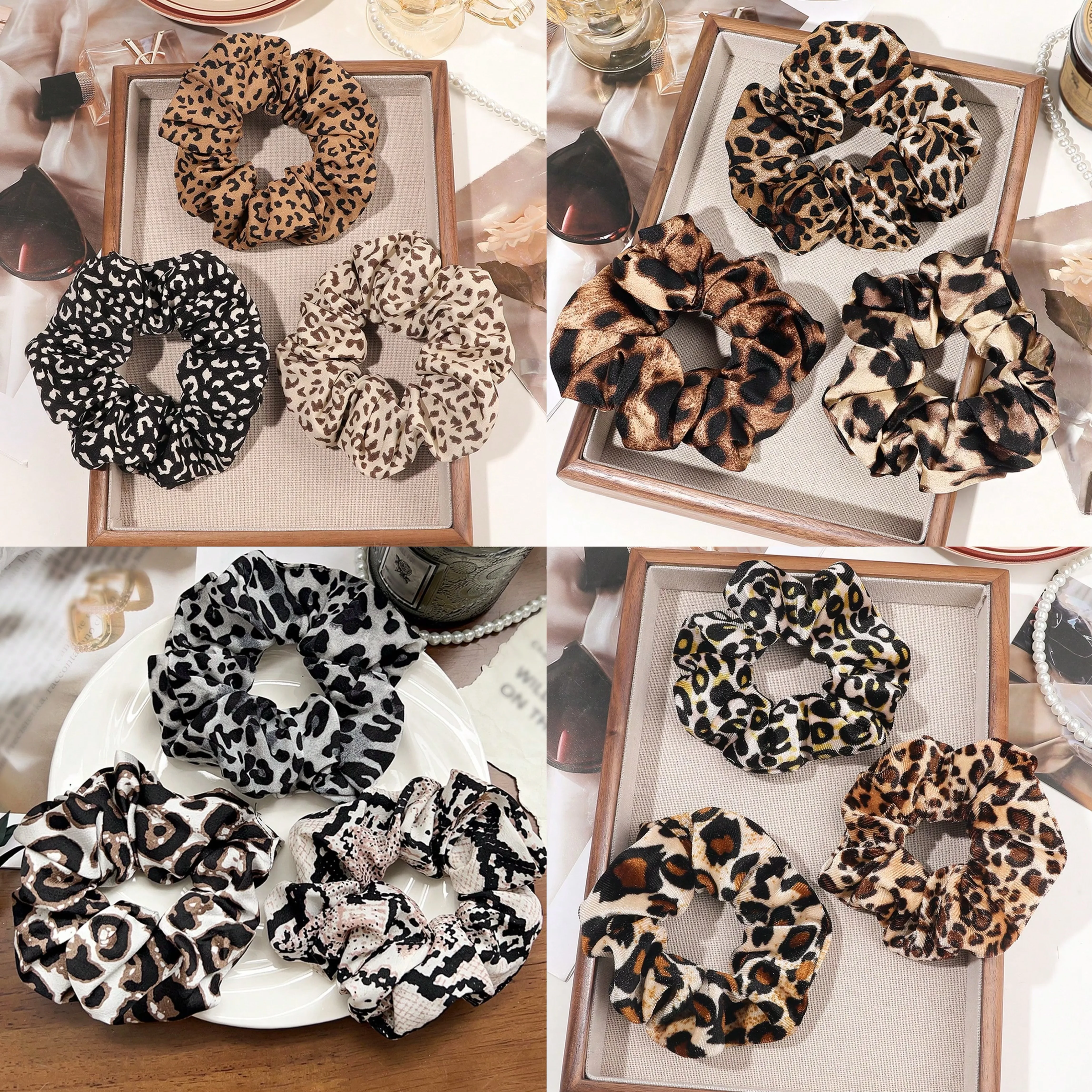3/6/12PCS Leopard Velvet and Silk Satin Scrunchies Hair Ties Hair Elastics Bands Ponytail Holder Hair Accessories for Women Girl