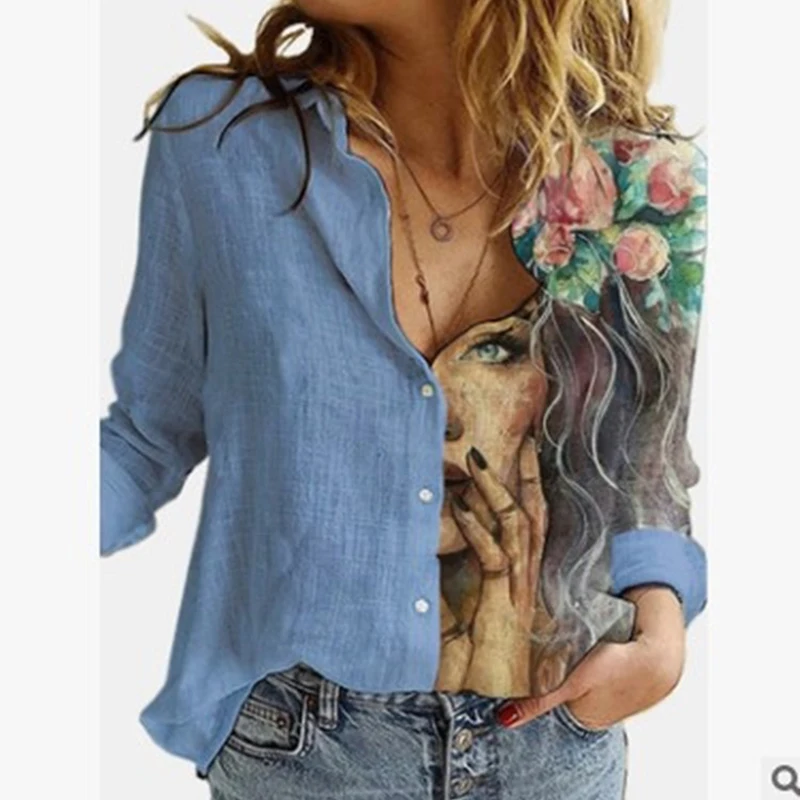 

Loose Retro Digital Portrait Printing Women's Shirt Casual Button Cardigan Autumn Hot Style Ladies Blouse