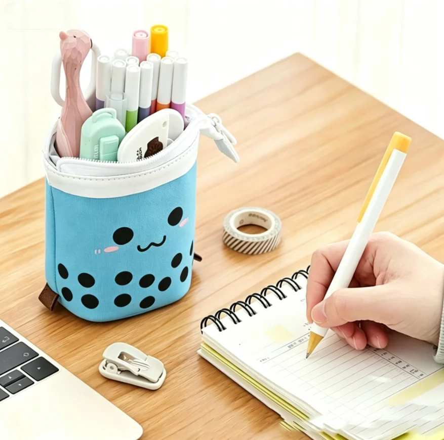 

1pc Large Capacity Pencil Case with Smiling Face Design - Durable Polyester, Telescopic Extension, Spacious Stationery Holder for School, Office, Travel - Features Pens, Pencils & Erasers Compartments, Pencil Pouch