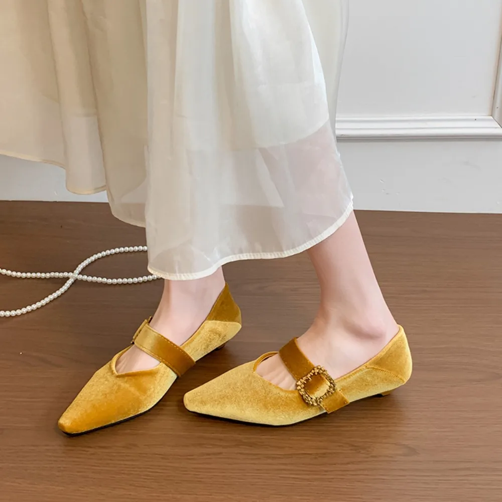 2026 Pointed Toe Velour Shoes Woman Brand Design Gold Buckle Ballet Flats  Elegant Low Heel Party Velvet Zapatos