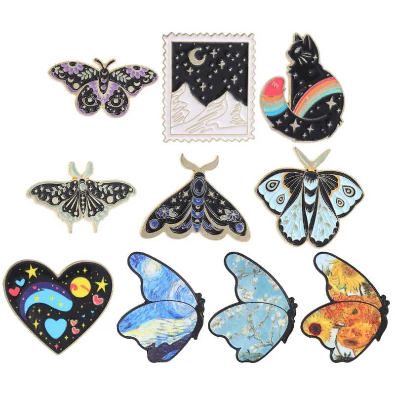 Celestial Moth Enamel Pin Rainbow Cat Brooch Starry Night Sunflower Badges Art Impressionism Butterfly Jewelry Gift