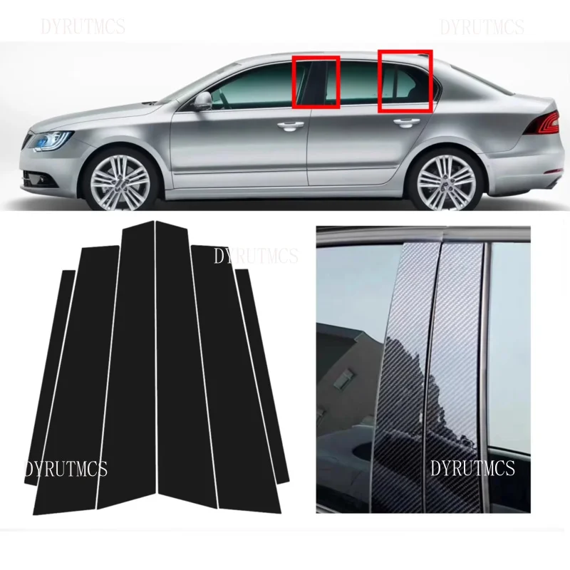 

6 шт. глянцевые черные стойки из карбона, подходят для Skoda Superb B6 3T MK2 2009-2015, декоративная накладка на окно, боковая накладка на дверь